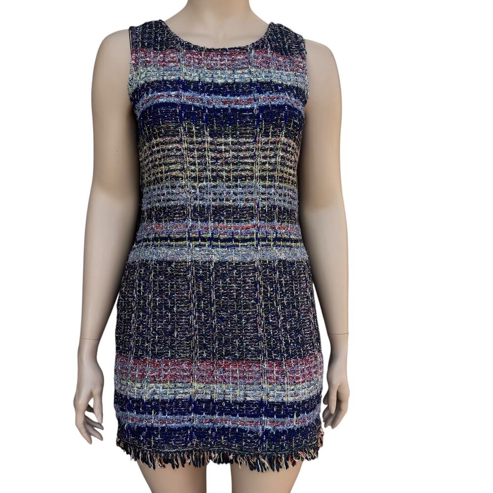 ST JOHN Collection Ellah Tweed Knit Fringe Sheath Dress Multi Color PF16 Size 16